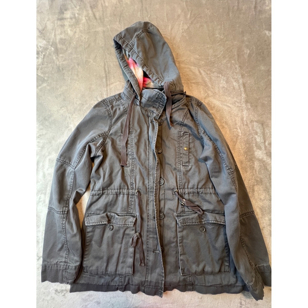 Aeropostale Utility Jacket Womens Large Gray Hooded Plaid Lined Field Coat